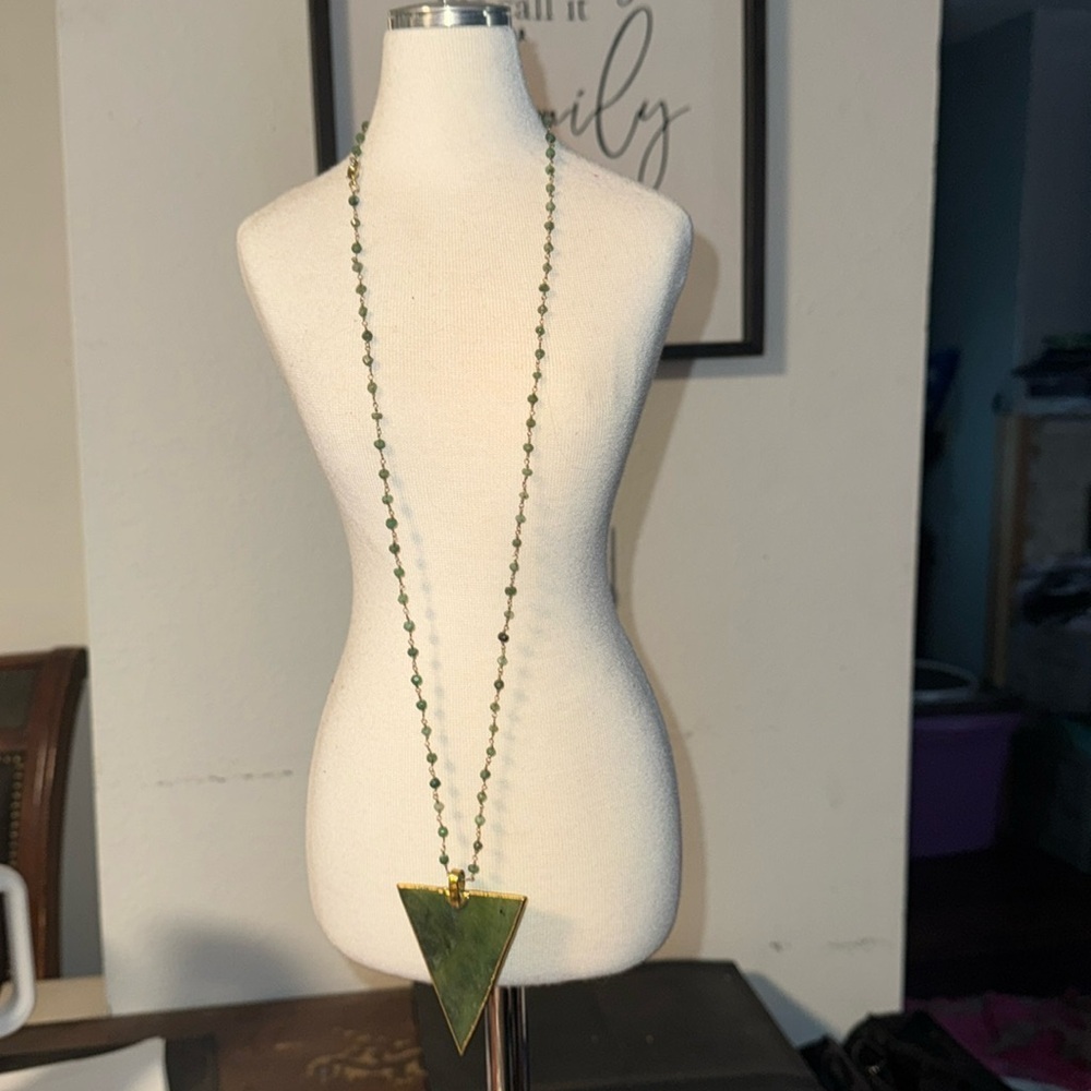 Triangle Gold Tone And Green Stone Necklace